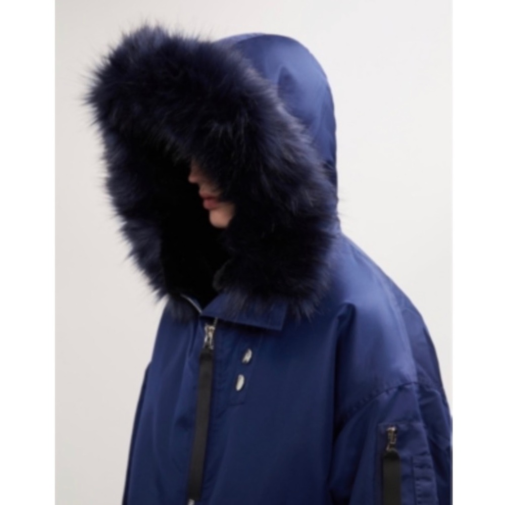 Maje Govember Faux Fur-trimmed Blue Bomber Jacket in size M